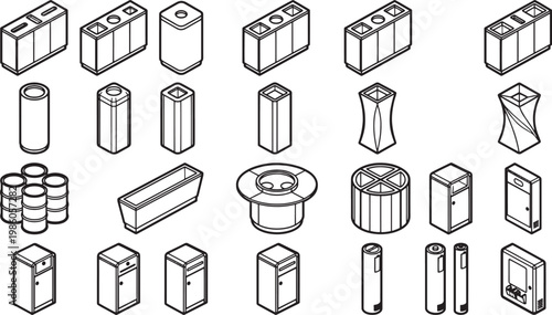 Isometric illustrations of various building components, meticulously depicted in a technical, blueprint-like style. These precision drawings showcase an array of architectural elements.