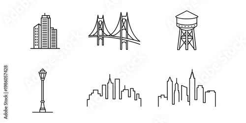 Set of black line depicting city landmarks and buildings urban skyline skyscrapers in white background