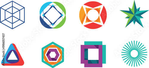Abstract geometric shape icon set featuring polygons frames stars circles and colorful modern design elements collection
