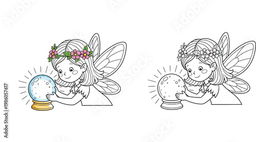 Cute fairy looking into magic crystal ball. Coloring page book vector illustration with black and white outline and colored version for kids.
