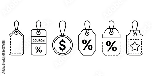 Set of six black outline price tags and labels with discount symbols sale in white background