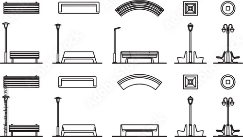 Urban design elements like benches, lamps create a sophisticated and harmonious outdoor space. a black and white perspective.