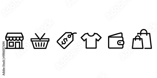 Set of six black outline depicting shopping related store building basket in white background