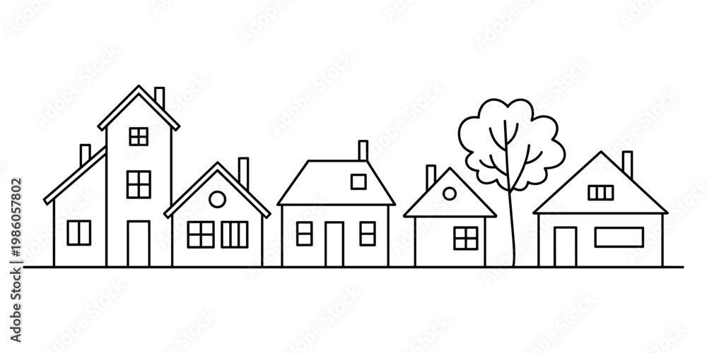 Fototapeta premium Simple line row of houses and a tree on a white background home building architecture residential