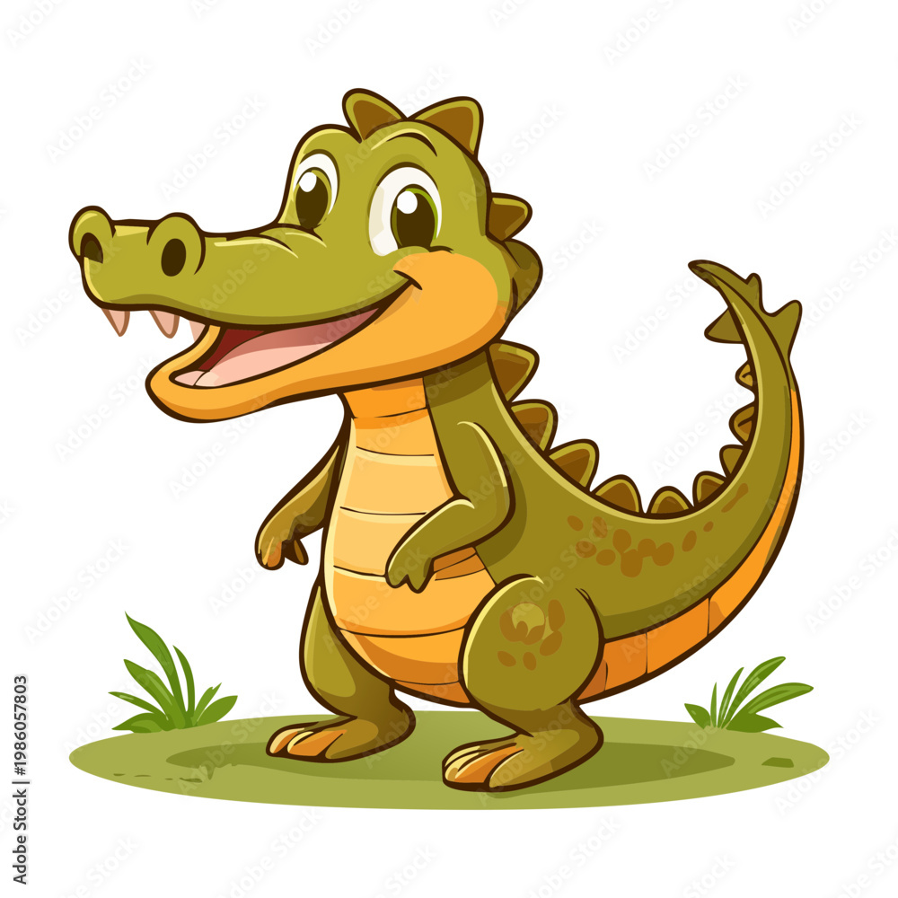 Fototapeta premium Green crocodile character standing in a friendly pose with a big smile and long tail on a patch of green grass