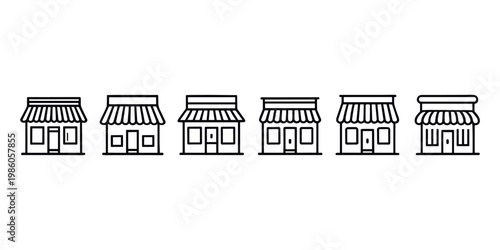Six black outline of storefronts with awnings and windows storefront shop building retail commerce business outline simple minimalist store front
