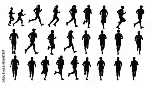 Silhouettes of diverse people running and jogging depicted in a dynamic and energetic composition high quality