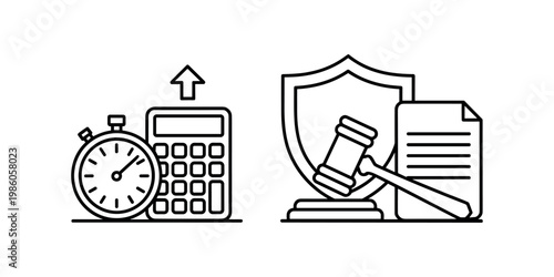 Stopwatch calculator with upward arrow and gavel with shield and document timer clock numbers