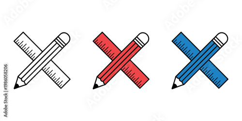 Three crossed pencils and rulers in black white red and blue in white background