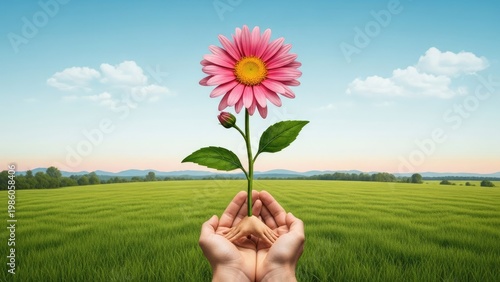A person holding a pink flower in a lush green field with a serene blue sky