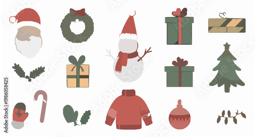Hand drawn Christmas stickers vector set with Santa tree snowman gifts and winter decorations isolated on white