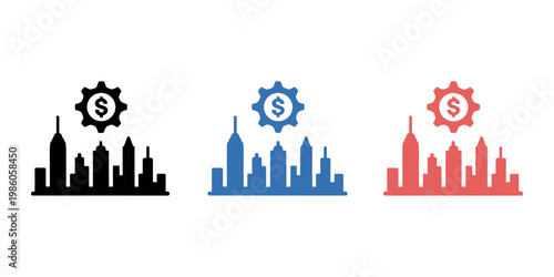 Three stylized city skylines with dollar sign gear in black blue and red urban financial money