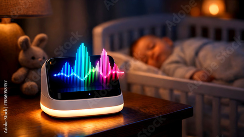 AI-powered baby sleep monitor featuring holographic sound wave visualization and live data tracking for advanced parental reassurance.