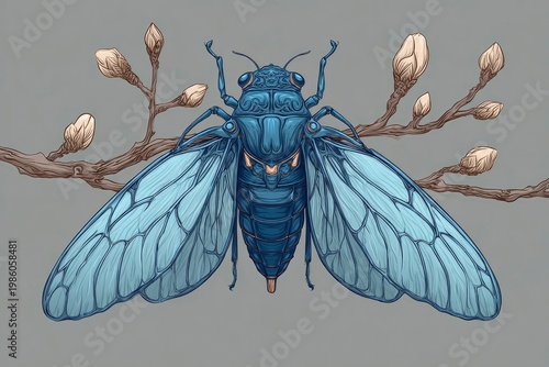 Ukrainian Ethno Cicada Twig Frame Minimal Detailed Illustration