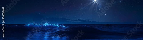 Ocean Bioluminescence And Marine Ecosystems Waves Crashing On Beach At Night With Glowing Blue Bioluminescent Plankton For Environmental Awareness And Coastal Tourism Campaigns.