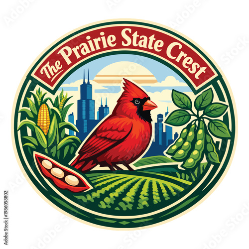 The Prairie State Crest agricultural logo featuring a red cardinal bird, corn, and soybeans against a city skyline, symbolizing nature, farming heritage, and rural pride