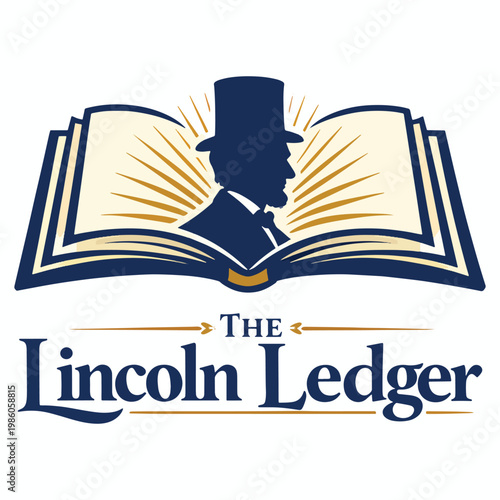 The Lincoln Ledger vintage emblem with an open book and Abraham Lincoln silhouette wearing a top hat, symbolizing history, literature, news, and journalistic integrity