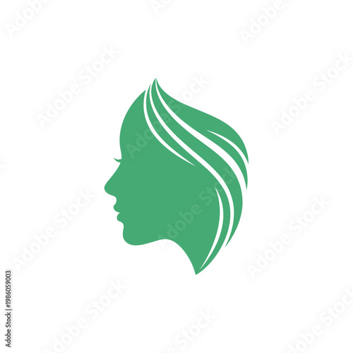Woman's profile silhouette with green leaf hair icon