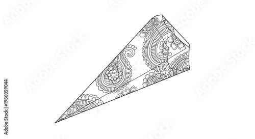 Black and white illustration of a traditional henna mehndi cone with intricate paisley pattern, used for temporary body art and cultural celebrations.