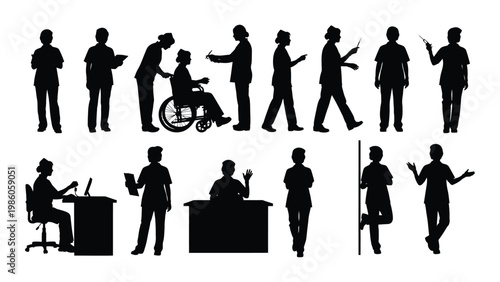 A collection of black silhouette figures depicting diverse medical professionals and healthcare workers in action