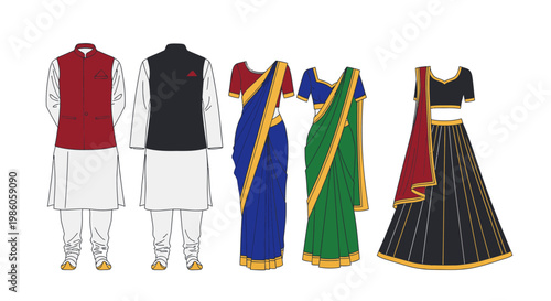Collection of traditional Indian attire, featuring male kurta pajama with Nehru jackets and female sarees and lehenga choli, showcasing cultural fashion.