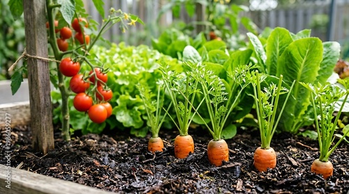 Ripe red tomatoes on the vine grow alongside young carrots and lettuce in a raised garden bed.