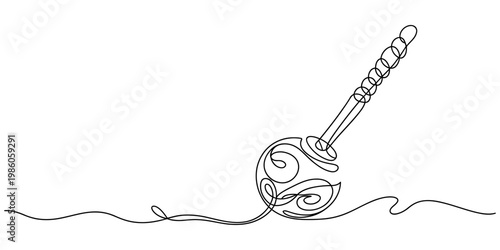 Continuous line drawing of a wooden honey dipper with swirling patterns on its head