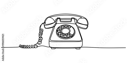 Single line art illustration of a classic vintage rotary telephone with a coiled cord