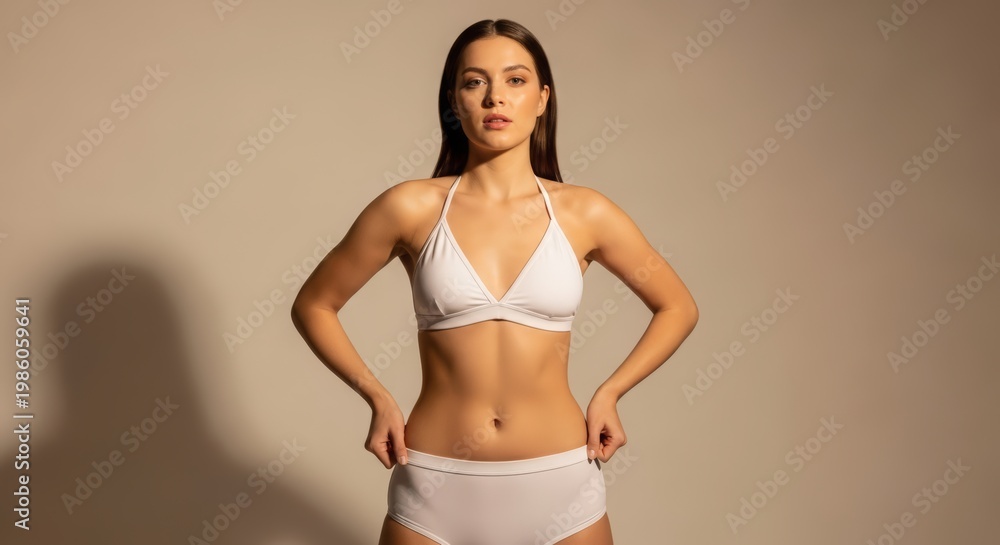 Fototapeta premium Minimalist fashion portrait with confident pose and soft neutral studio background