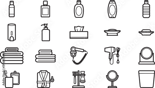 An organized array of bathroom essentials, including bottles, towels, and grooming tools, meticulously presented in a graphic icon style, ideal for illustrating daily routines and self-care.