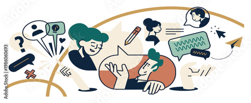 Teamwork and collaborative communication illustration featuring diverse people icons and social interaction symbols communication collaboration teamwork conversation interaction community