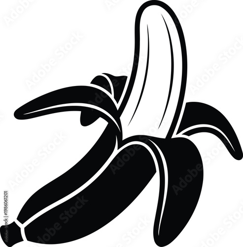 black and white illustration of peeled banana with skin