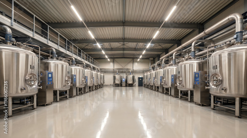 Industrial brewery interior stainless steel tanks in a modern production facility