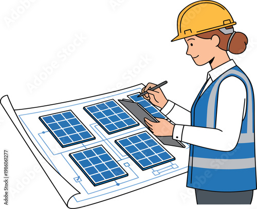 Solar panel engineer, woman in hard hat and vest, renewable energy inspection, sustainable technology