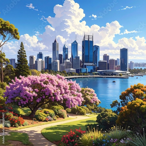 A serene cityscape with vibrant gardens and a tranquil waterfront
