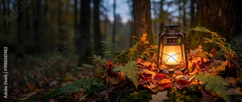 Panel kuchenny z motywem Vintage lantern glowing warmly among colorful autumn leaves on forest floor at dusk, creating cozy atmospheric lighting for camping and outdoor adventures.