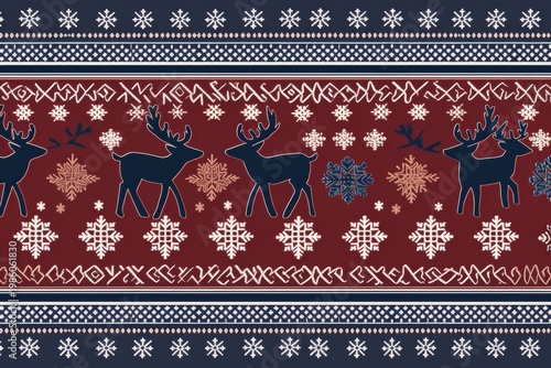 Seamless christmas sweater pattern with reindeer and snowflakes, nordic vector design in red blue tones