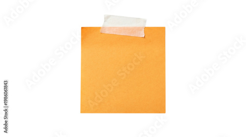 Blank Orange Sticky Note with Adhesive Tape Isolated on Transparent Background, Png.