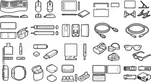 Detailed overhead shot of an array of assorted tech gadgets, rendered in a crisp, clean outline, revealing an immersive world of technology.