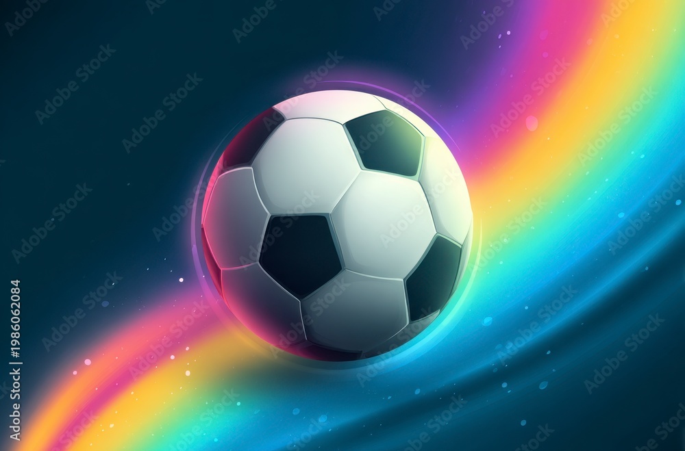 Naklejka premium A black and white soccer ball moves swiftly against a background of dynamic, colorful light trails. It symbolizes the thrilling energy for World Cup 2026 in Mexico, USA, and Canada.