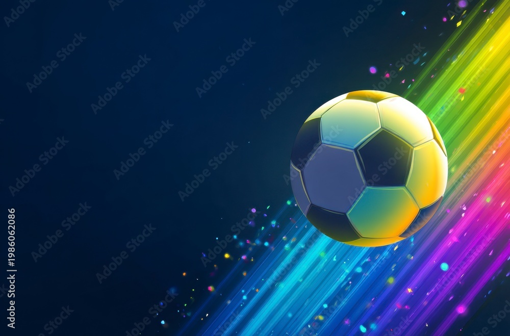 Naklejka premium A black and white soccer ball moves swiftly against a background of dynamic, colorful light trails. It symbolizes the thrilling energy for World Cup 2026 in Mexico, USA, and Canada.