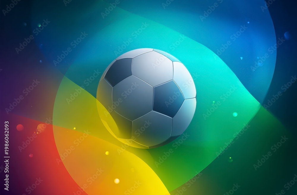Naklejka premium A black and white soccer ball moves swiftly against a background of dynamic, colorful light trails. It symbolizes the thrilling energy for World Cup 2026 in Mexico, USA, and Canada.