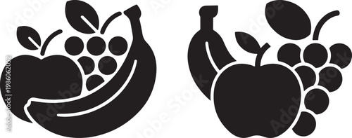 Black Silhouette Icons of Fruit Arrangements with Apple Banana and Grapes green