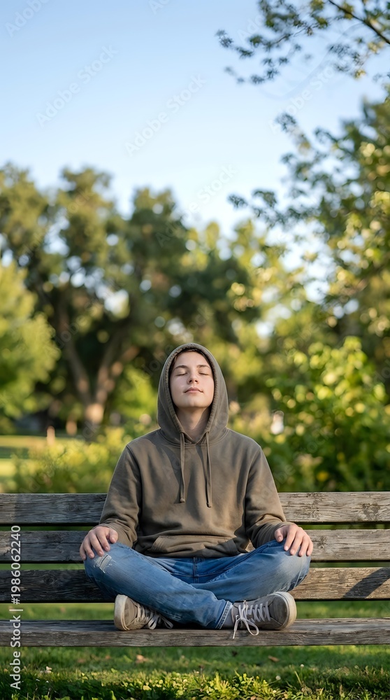 Obraz premium Young woman in hoodie meditating peacefully on park bench with eyes closed, surrounded by green trees and natural sunlight for wellness and mindfulness content.