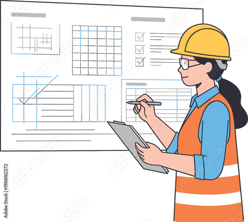 Construction worker, engineer, architecture plans, yellow hard hat, clipboard, vector illustration