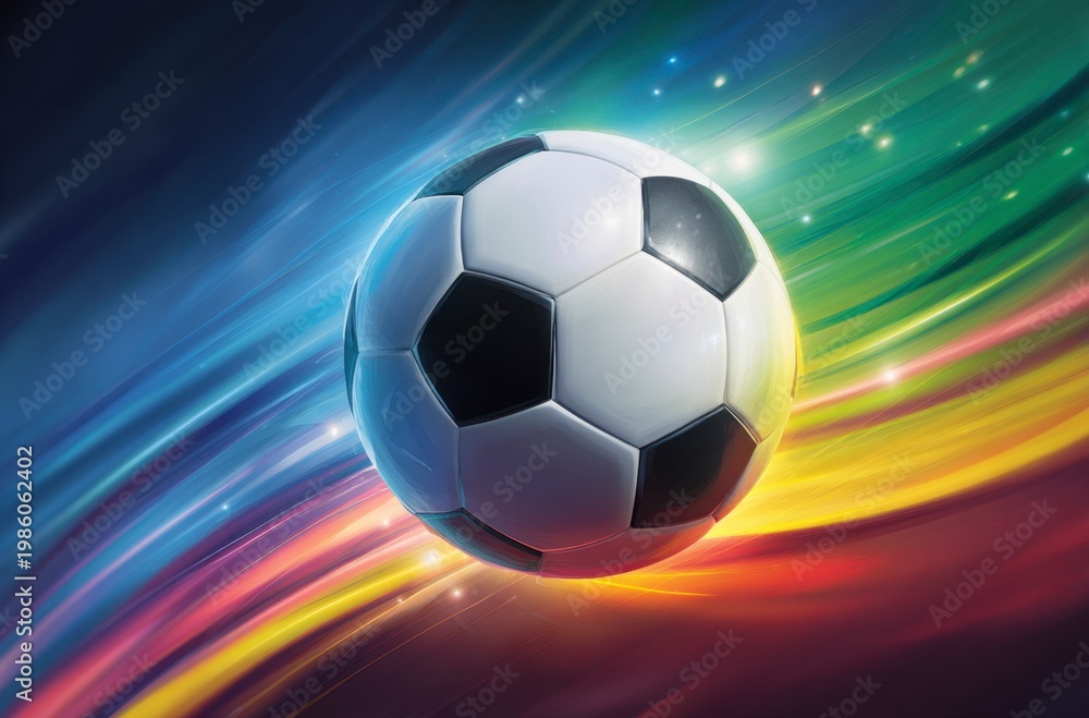 Naklejka premium A black and white soccer ball moves swiftly against a background of dynamic, colorful light trails. It symbolizes the thrilling energy for World Cup 2026 in Mexico, USA, and Canada.