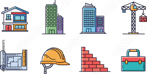 Construction and architecture icon set featuring buildings crane blueprint helmet bricks toolbox and engineering symbols collection