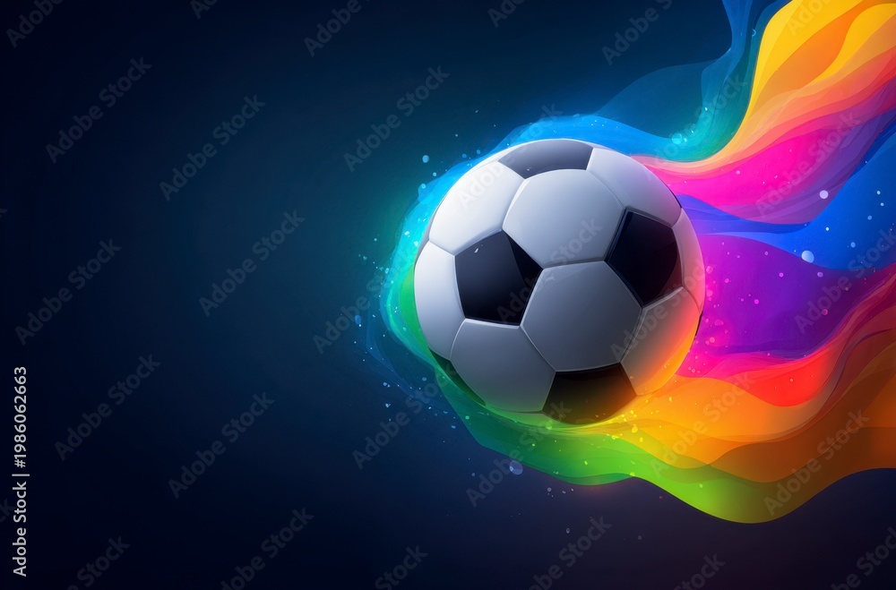 Naklejka premium A black and white soccer ball moves swiftly against a background of dynamic, colorful light trails. It symbolizes the thrilling energy for World Cup 2026 in Mexico, USA, and Canada.