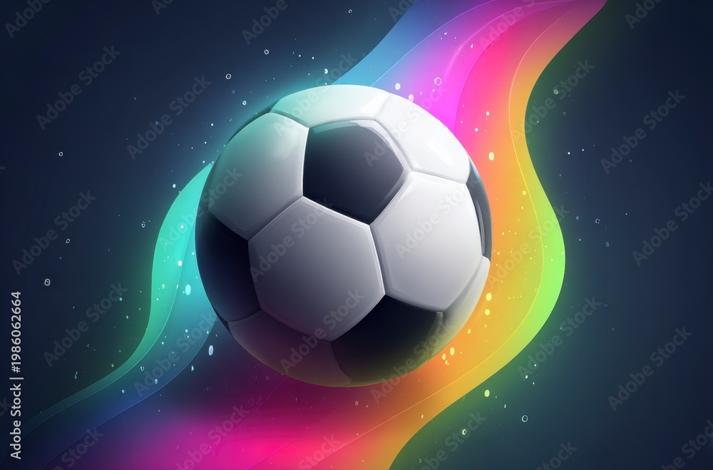 Naklejka premium A black and white soccer ball moves swiftly against a background of dynamic, colorful light trails. It symbolizes the thrilling energy for World Cup 2026 in Mexico, USA, and Canada.