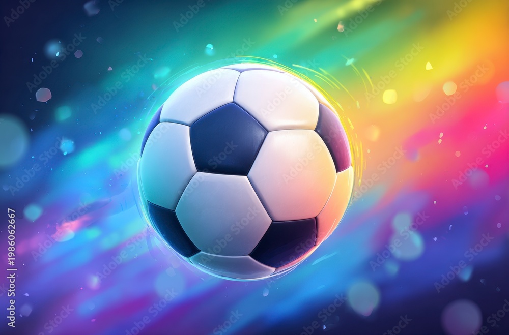 Naklejka premium A black and white soccer ball moves swiftly against a background of dynamic, colorful light trails. It symbolizes the thrilling energy for World Cup 2026 in Mexico, USA, and Canada.